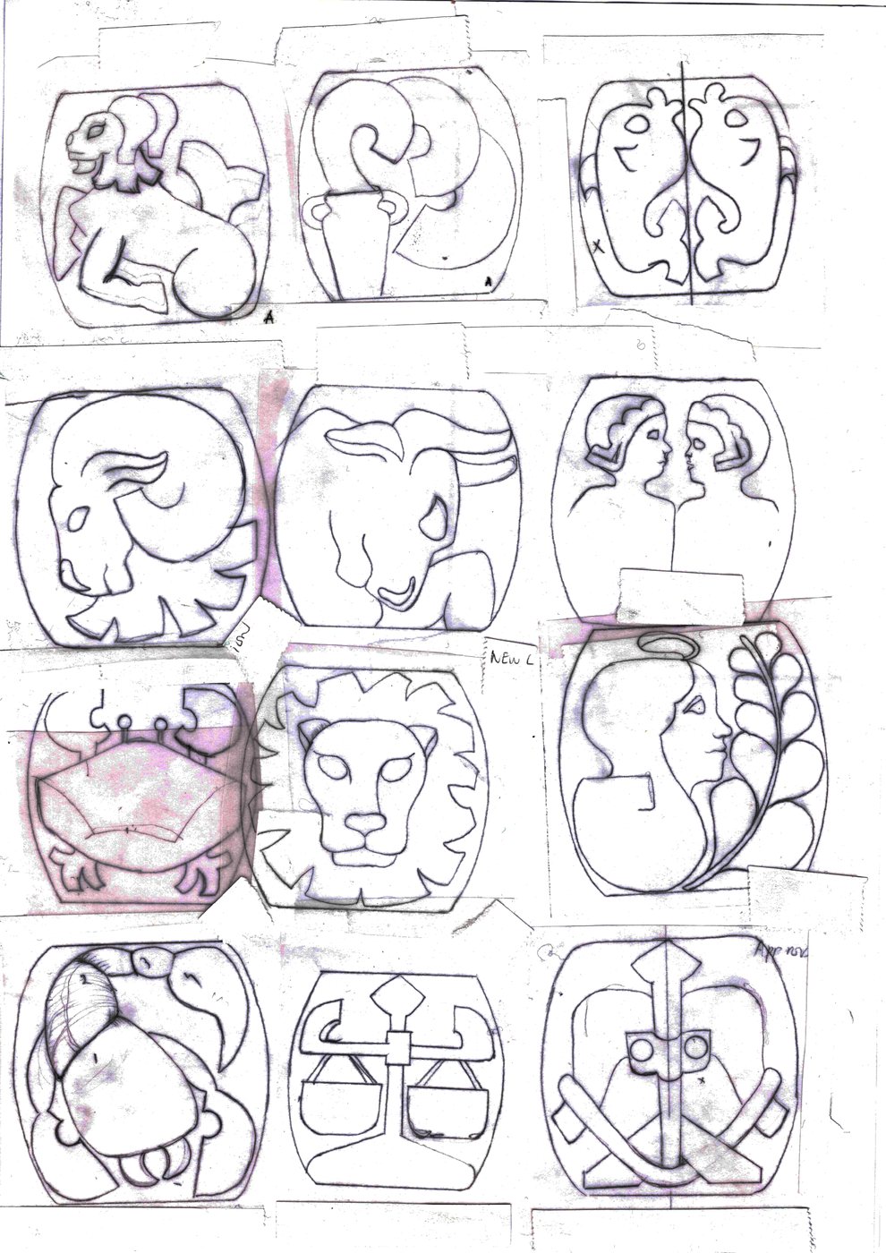 A sheet of zodiac sketches