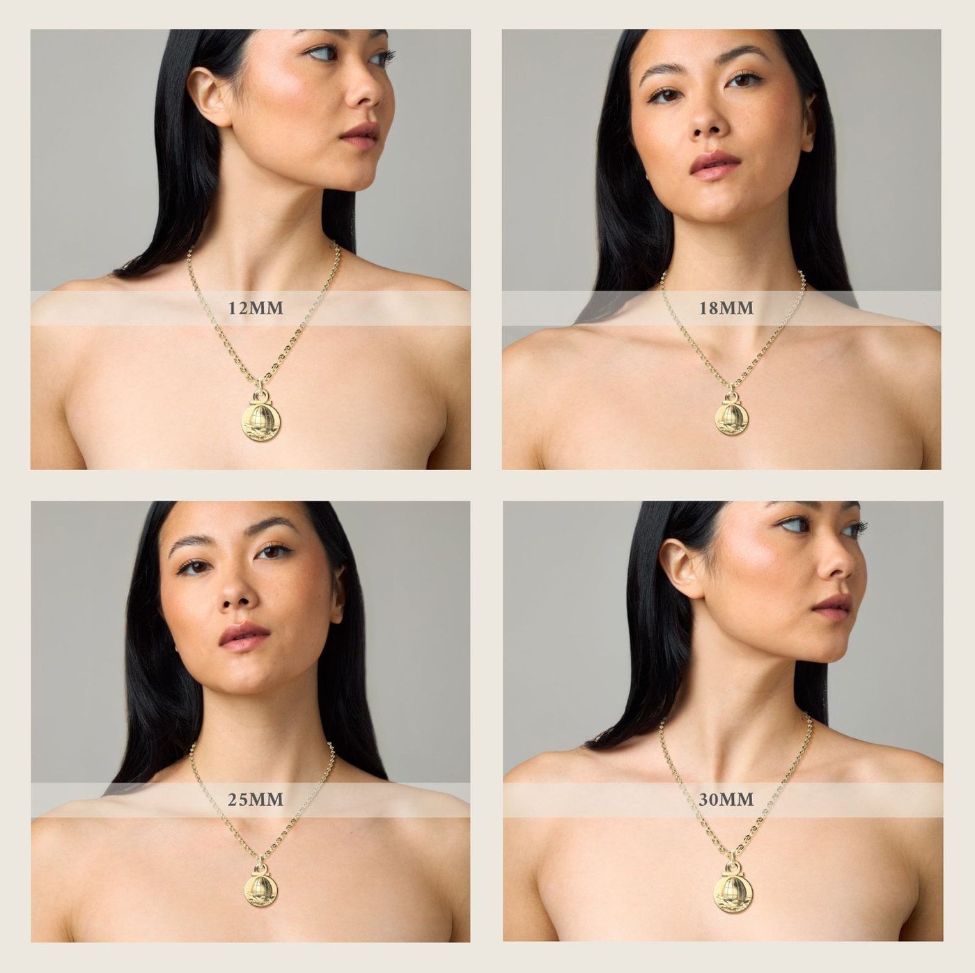 The pendant worn at 12 mm, 18 mm, 25 mm, 30 mm